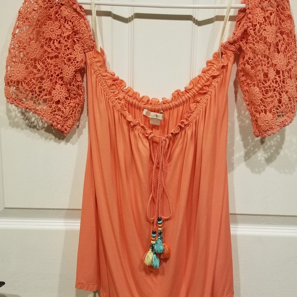 Boston Proper Lace Sleeve Boho Tassel Tie Top